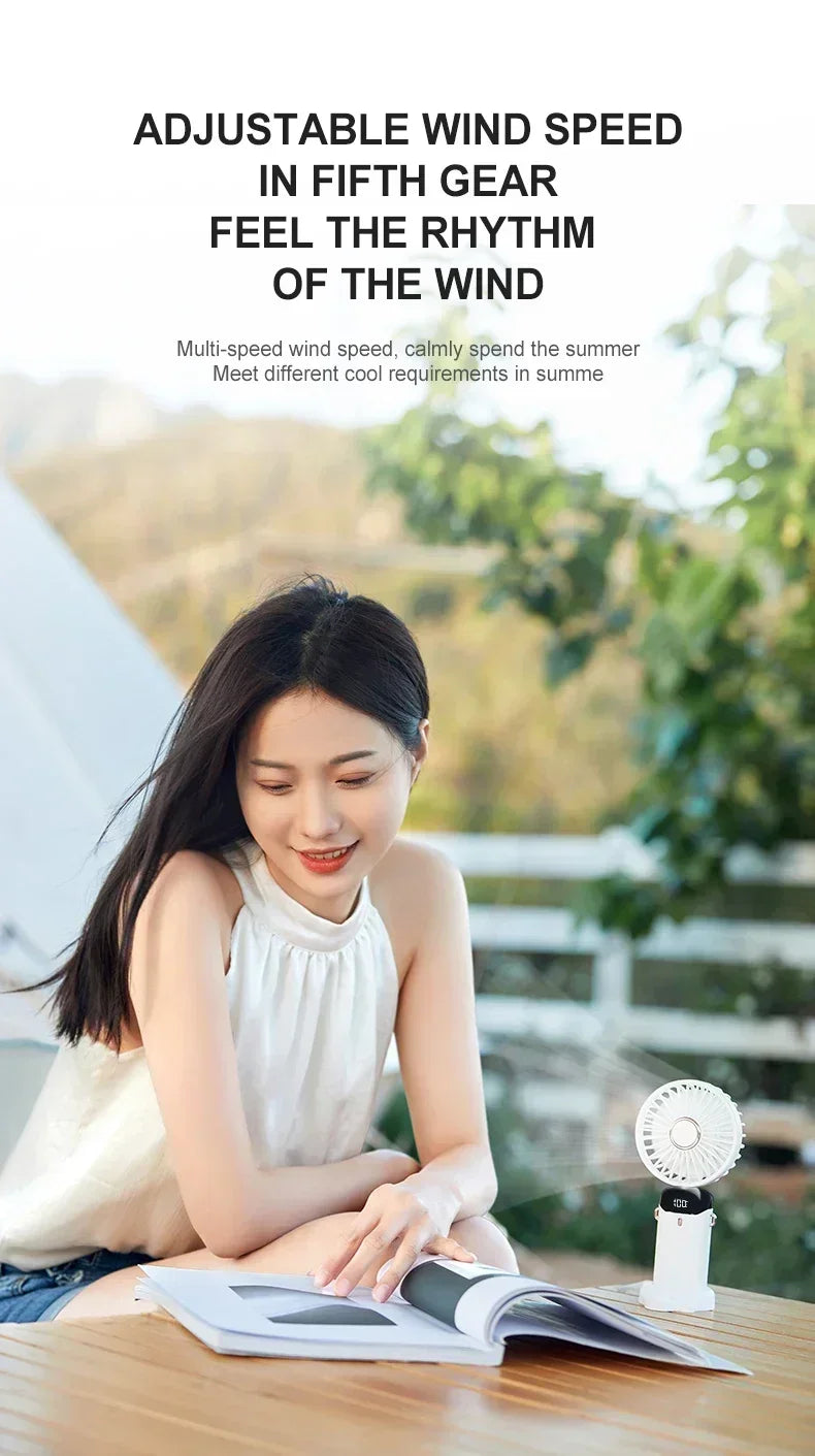 Handheld Mini Fan Portable USB Rechargeable, Foldable Neck Fan with 5 Speeds & Phone Holder, for Outdoor/Desk Use, Lightweight