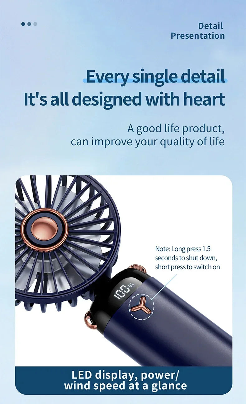 Handheld Mini Fan Portable USB Rechargeable, Foldable Neck Fan with 5 Speeds & Phone Holder, for Outdoor/Desk Use, Lightweight
