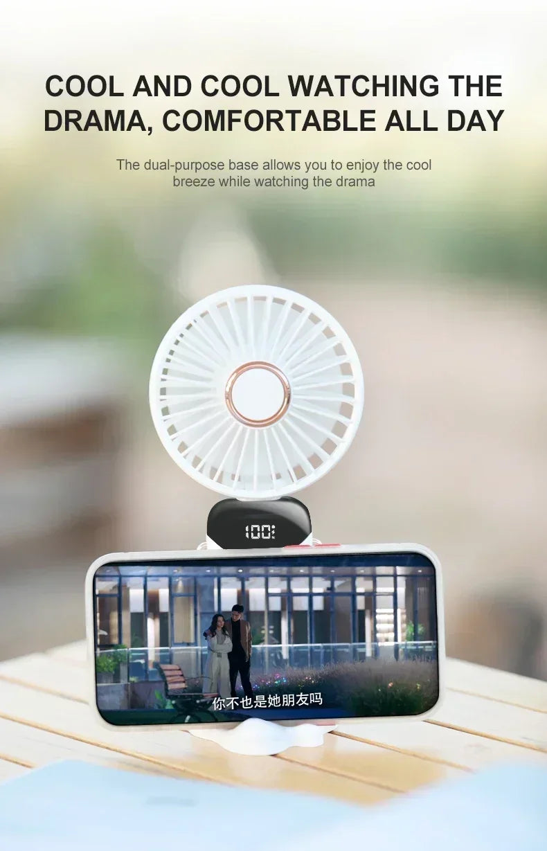 Handheld Mini Fan Portable USB Rechargeable, Foldable Neck Fan with 5 Speeds & Phone Holder, for Outdoor/Desk Use, Lightweight