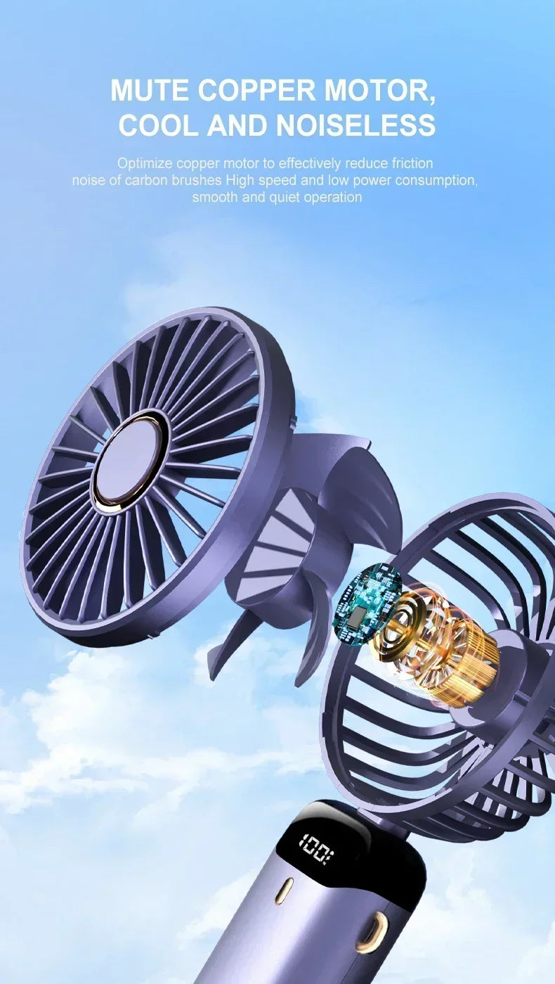 Handheld Mini Fan Portable USB Rechargeable, Foldable Neck Fan with 5 Speeds & Phone Holder, for Outdoor/Desk Use, Lightweight