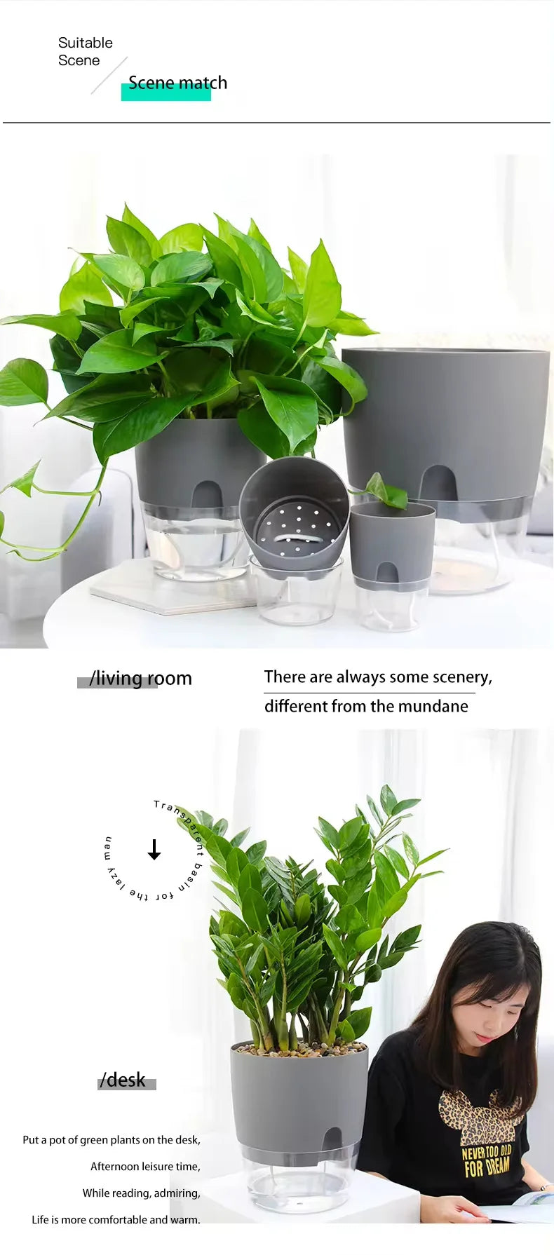 AS High Transparent Series Self Watering Planter Double-layer Resin Flowerpots Desktop Plant Pot for Horticultural Planting Pots