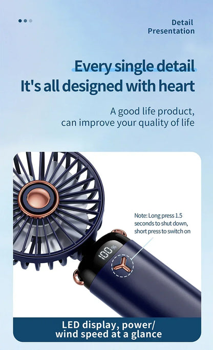 Handheld Mini Fan Portable USB Rechargeable, Foldable Neck Fan with 5 Speeds & Phone Holder, for Outdoor/Desk Use, Lightweight