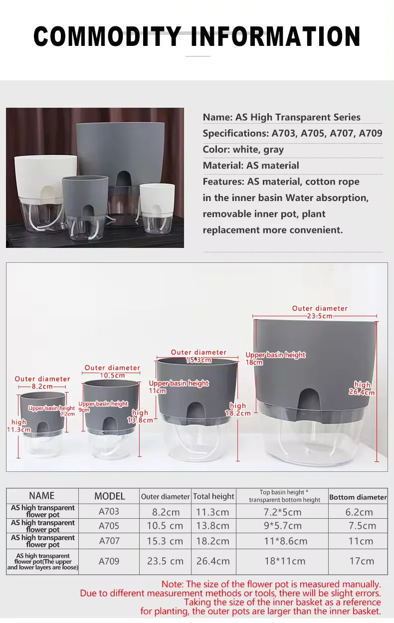 AS High Transparent Series Self Watering Planter Double-layer Resin Flowerpots Desktop Plant Pot for Horticultural Planting Pots