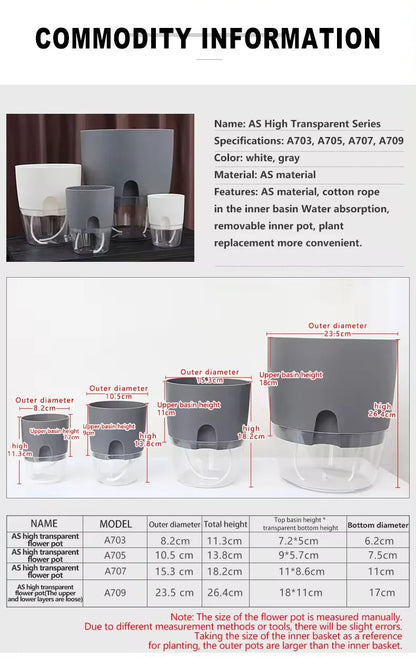 AS High Transparent Series Self Watering Planter Double-layer Resin Flowerpots Desktop Plant Pot for Horticultural Planting Pots
